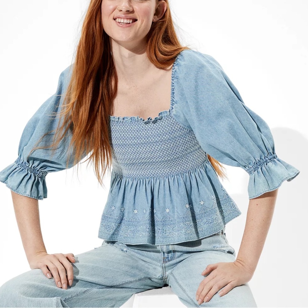 American Eagle Outfitters Denim Blue Smocked Blouse M